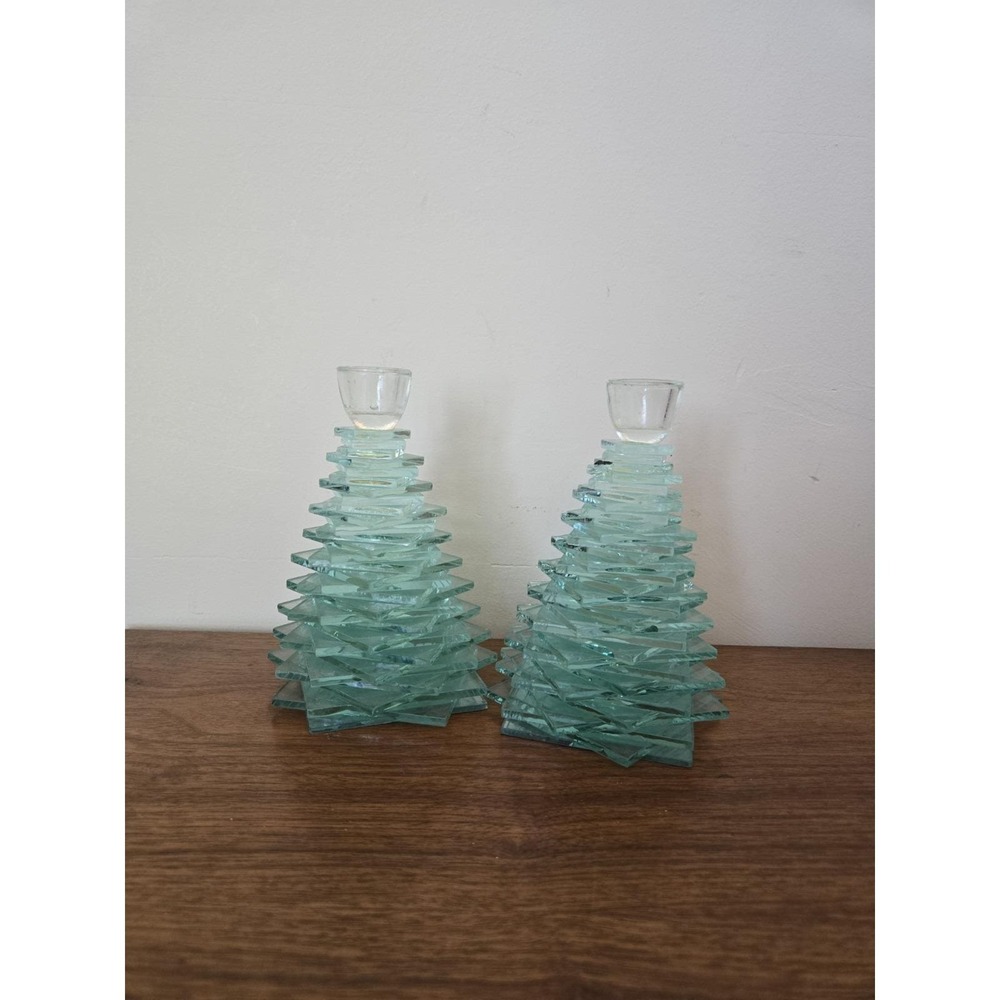 Vintage MCM Stacked Glass Art Christmas Tree Candle Holders Green Clear Pair